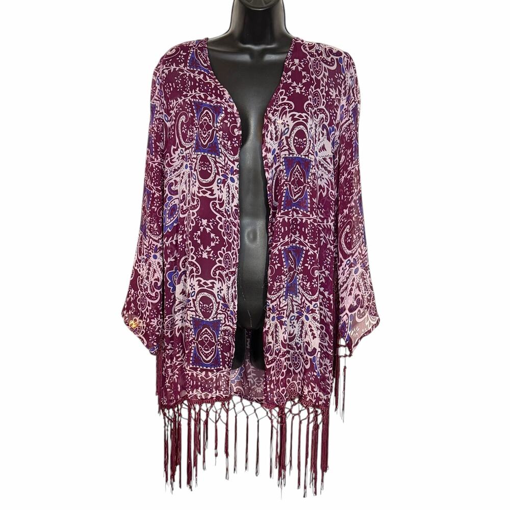 Vtg 90s Y2K Chiffon Kimono Vest M L Paisley Floral Fringe Boho Festival Cardigan